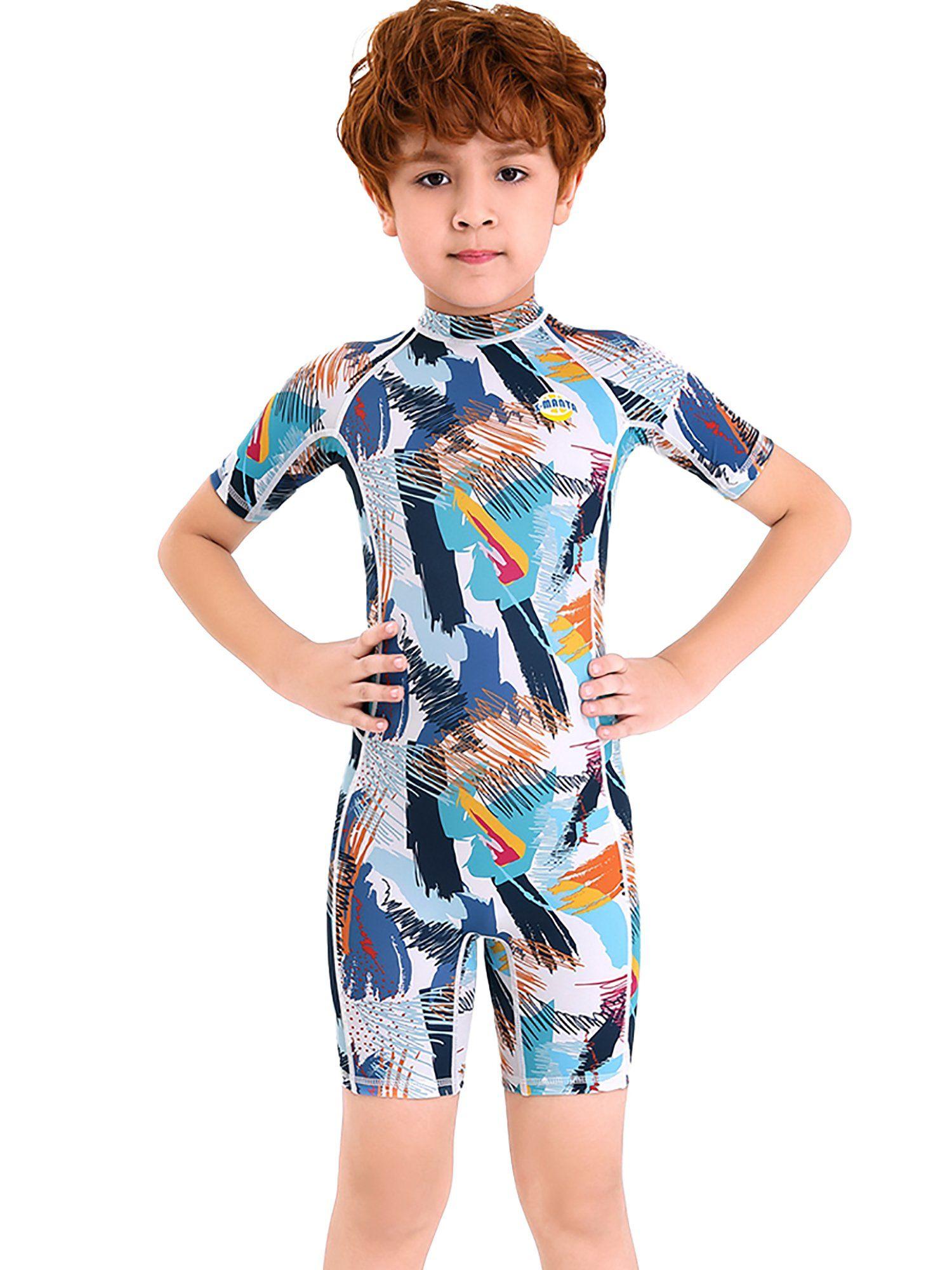 one piece knee length kids swimwear geometric print with upf 50 plus