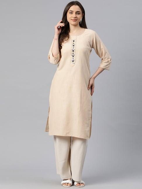 one femme beige embroidered a line kurti