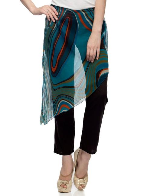 one femme black & blue printed regular fit low rise trousers with attached sarong