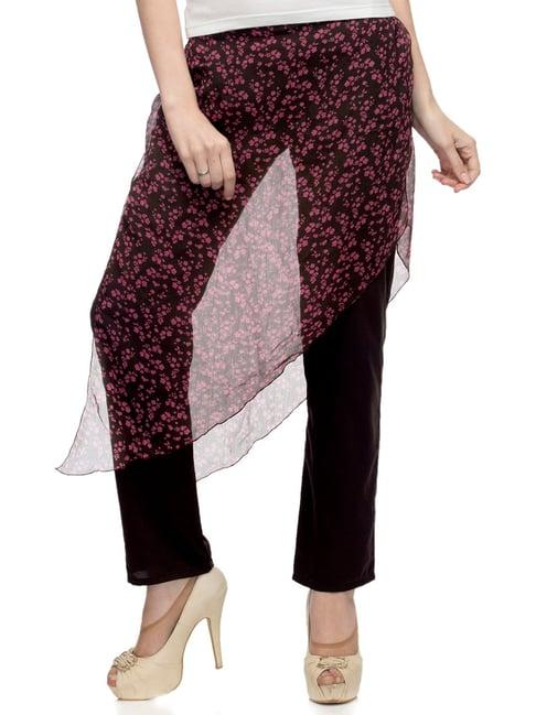 one femme black & pink printed regular fit low rise trousers with attached sarong