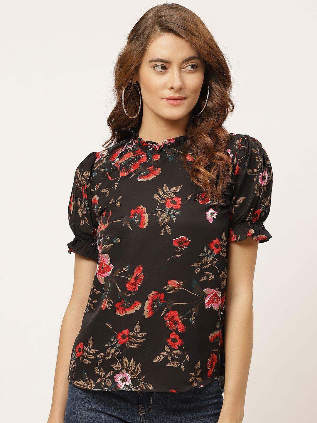 one femme black & red floral printed puff sleeves crepe regular top