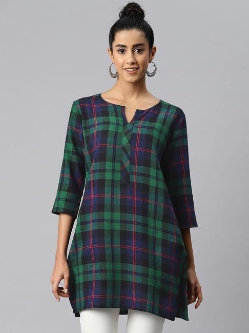 one femme green & blue check a line kurti