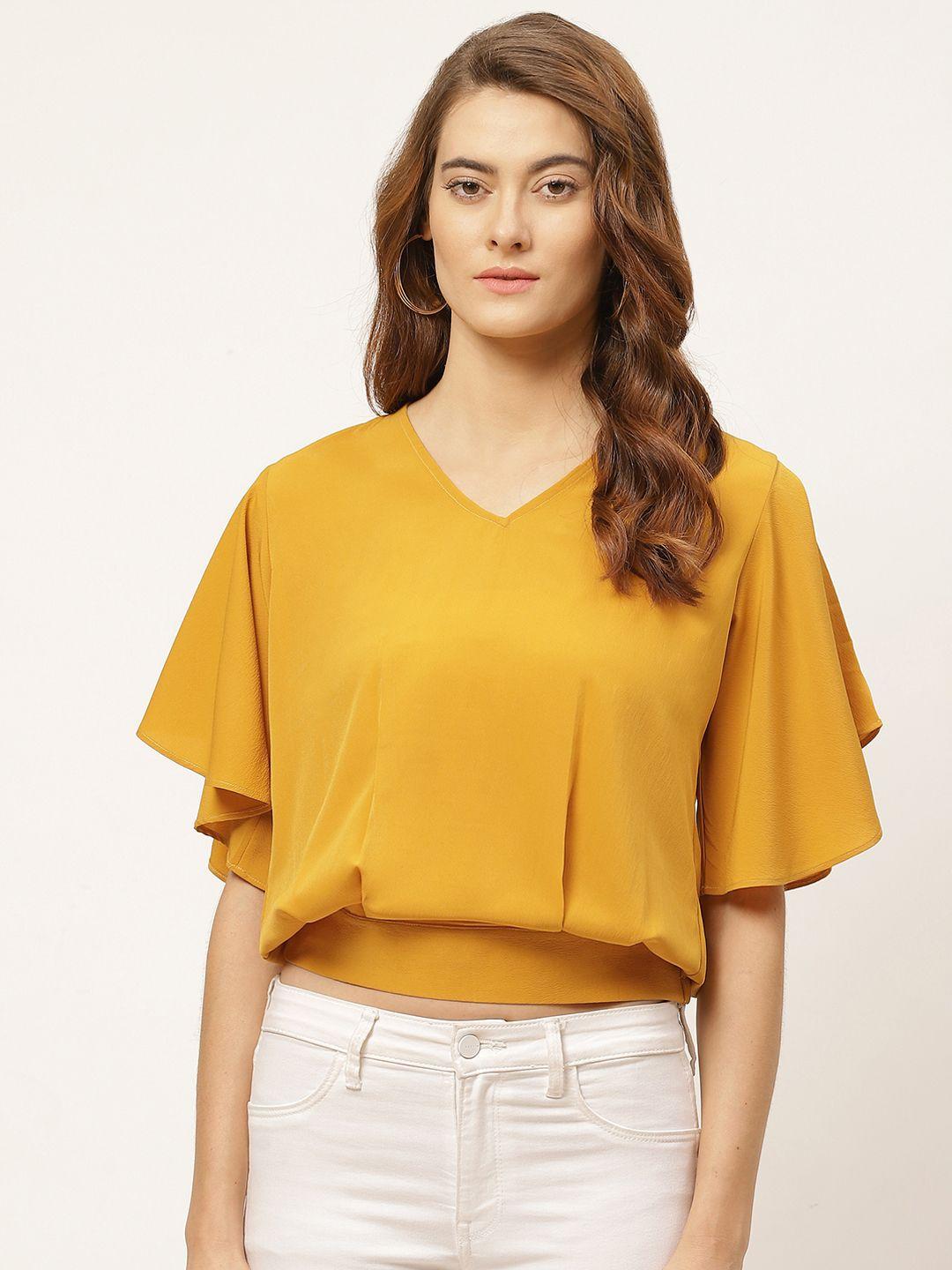 one femme mustard yellow flared sleeves crepe cinched waist crop top