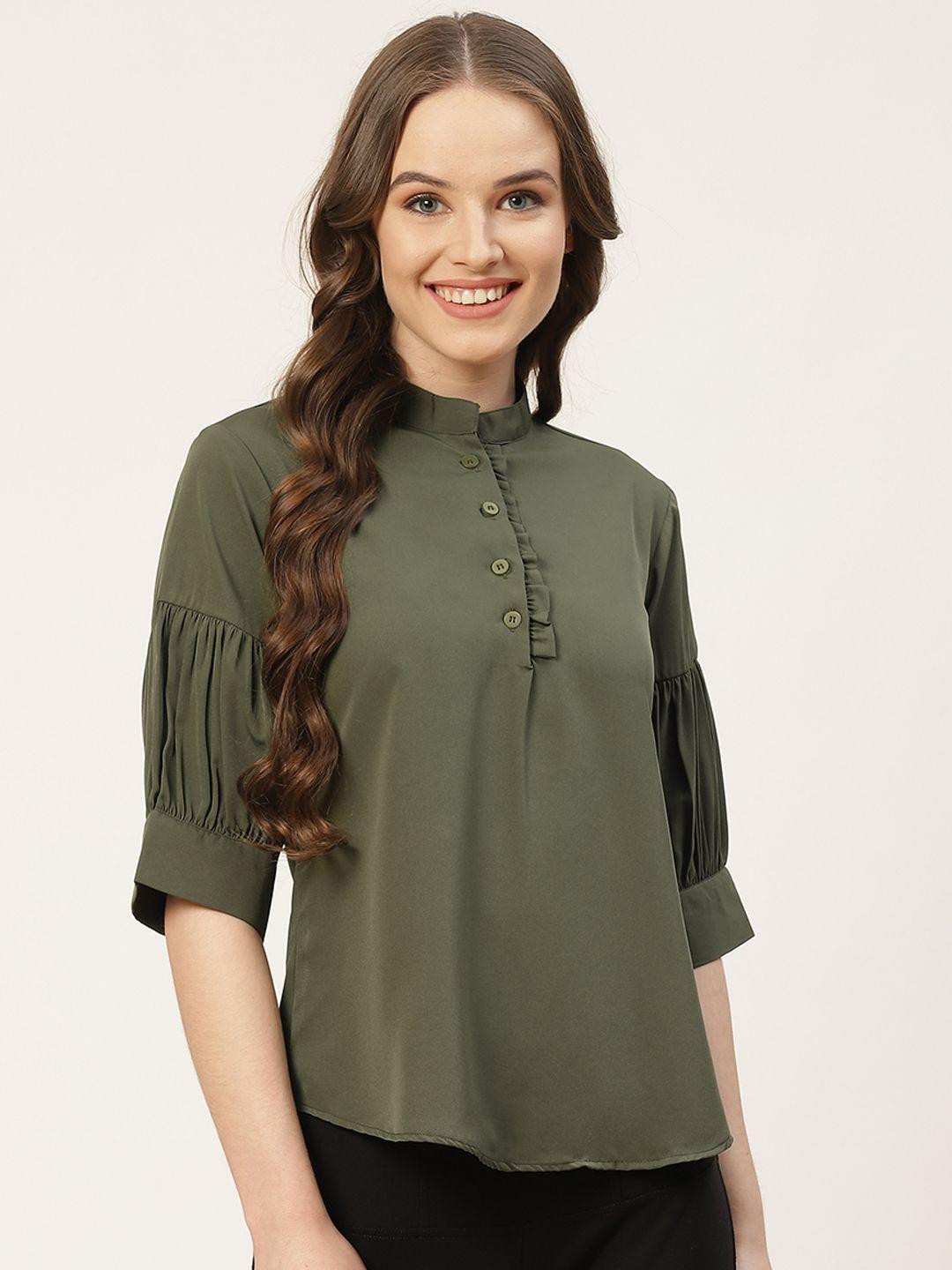 one femme olive green solid mandarin collar puff sleeves crepe top