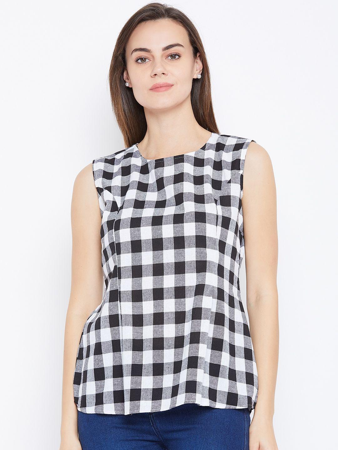 one femme women black & white checked regular pure cotton top