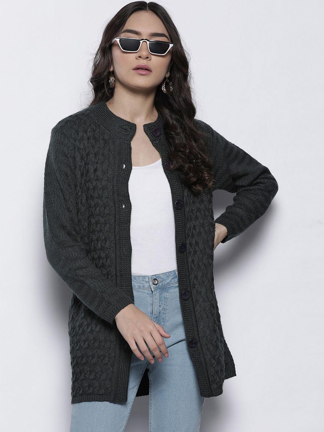 one femme women charcoal grey cable knit longline cardigan