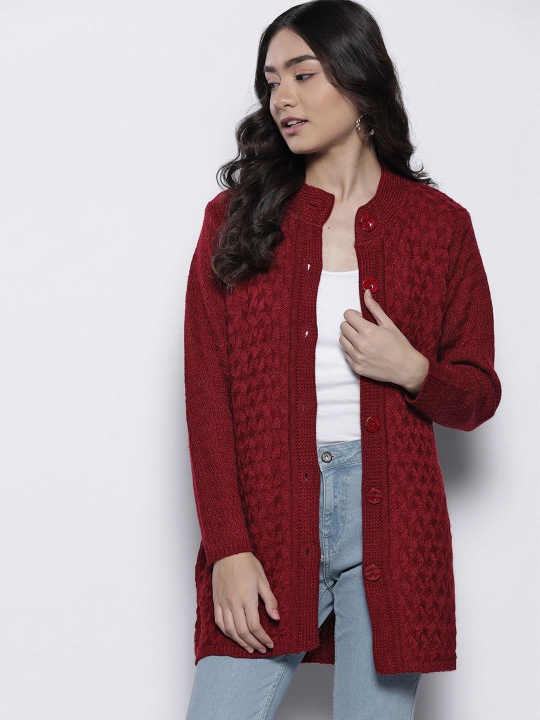 one femme women maroon cable knit longline cardigan