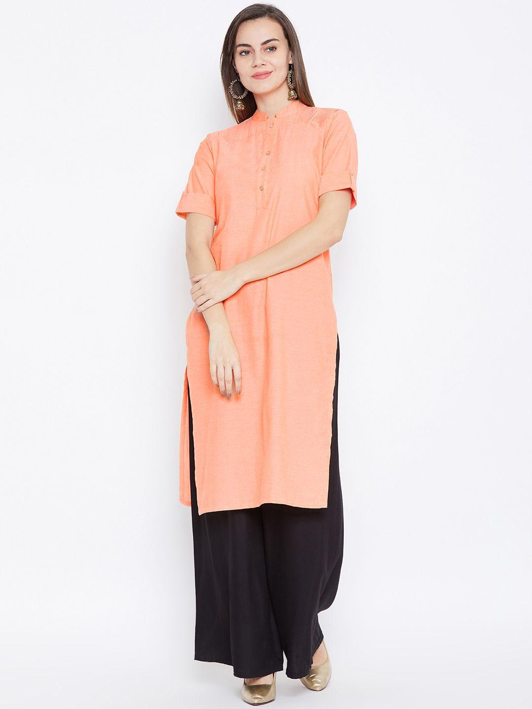 one femme women peach-coloured solid straight kurta