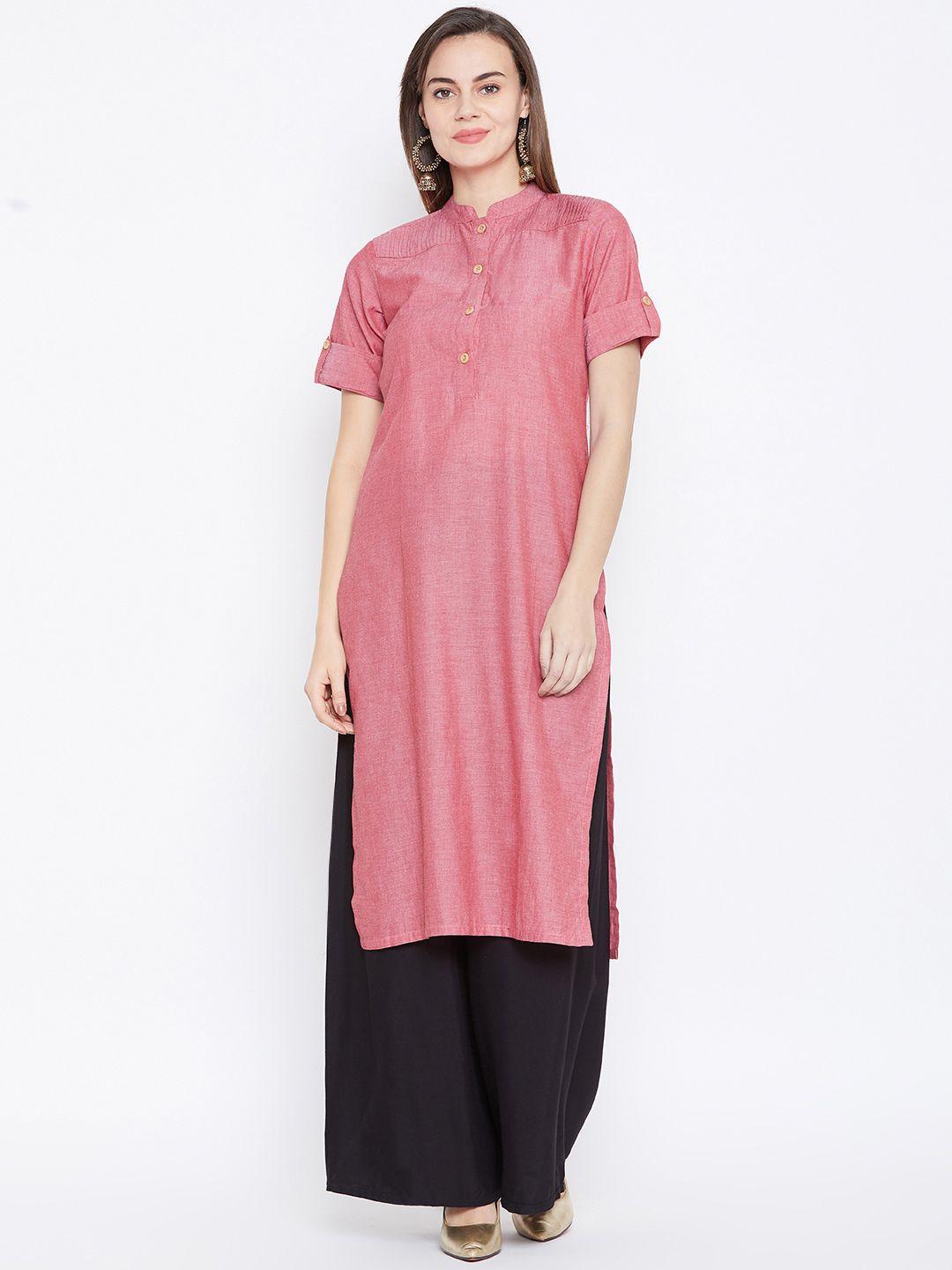 one femme women red solid straight kurta