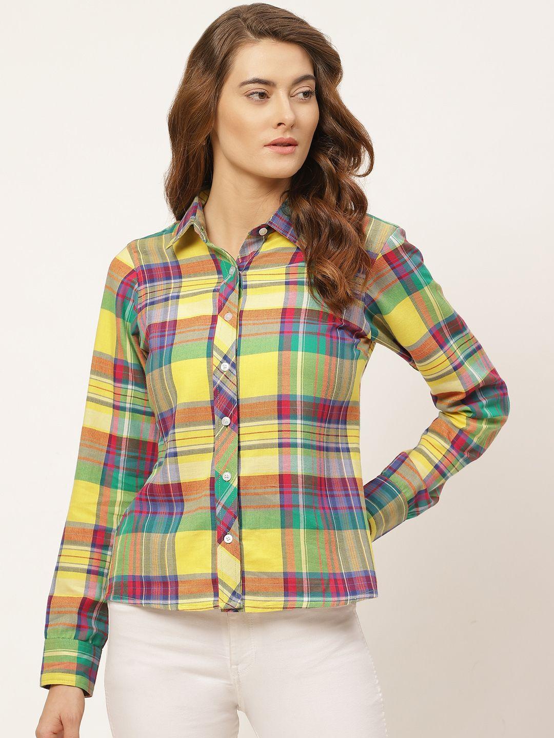 one femme women yellow & green smart regular fit checked pure cotton casual shirt