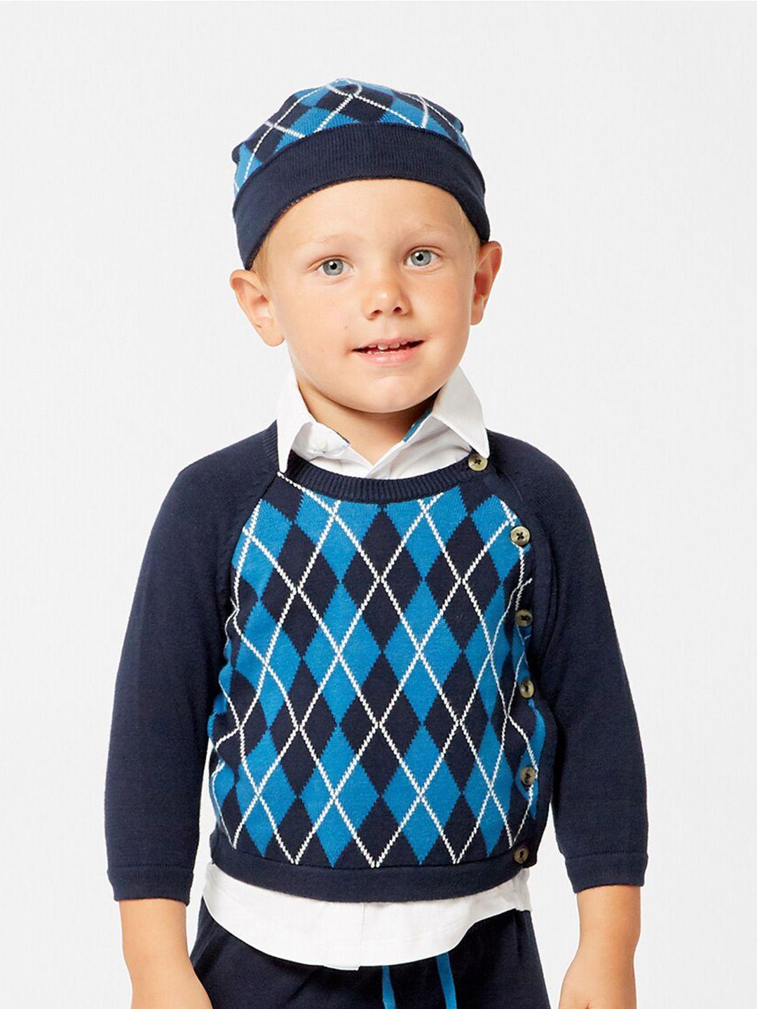 one friday boys blue & black printed sweater with trouser with cap