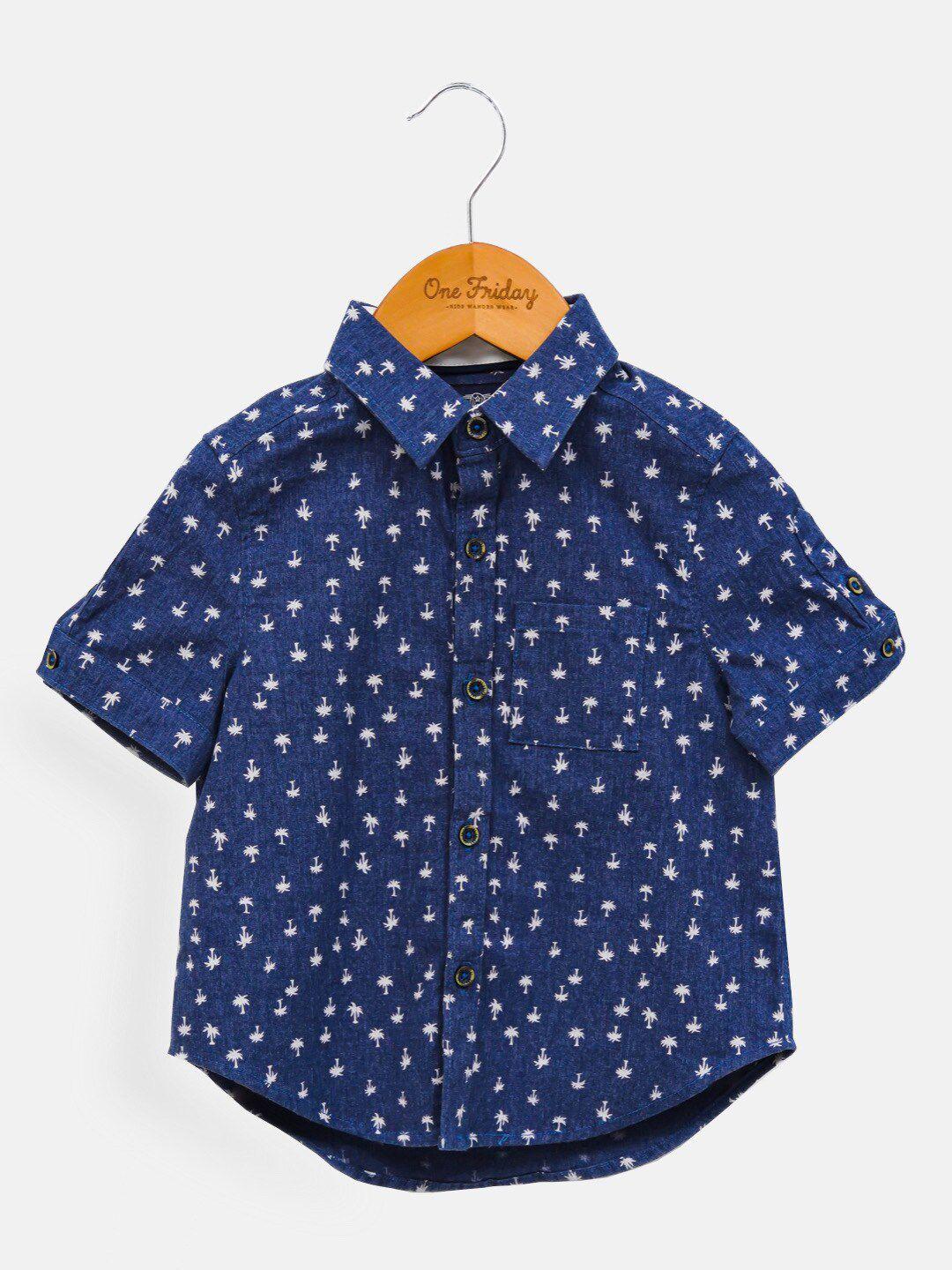 one friday boys blue printed cotton casual shirt