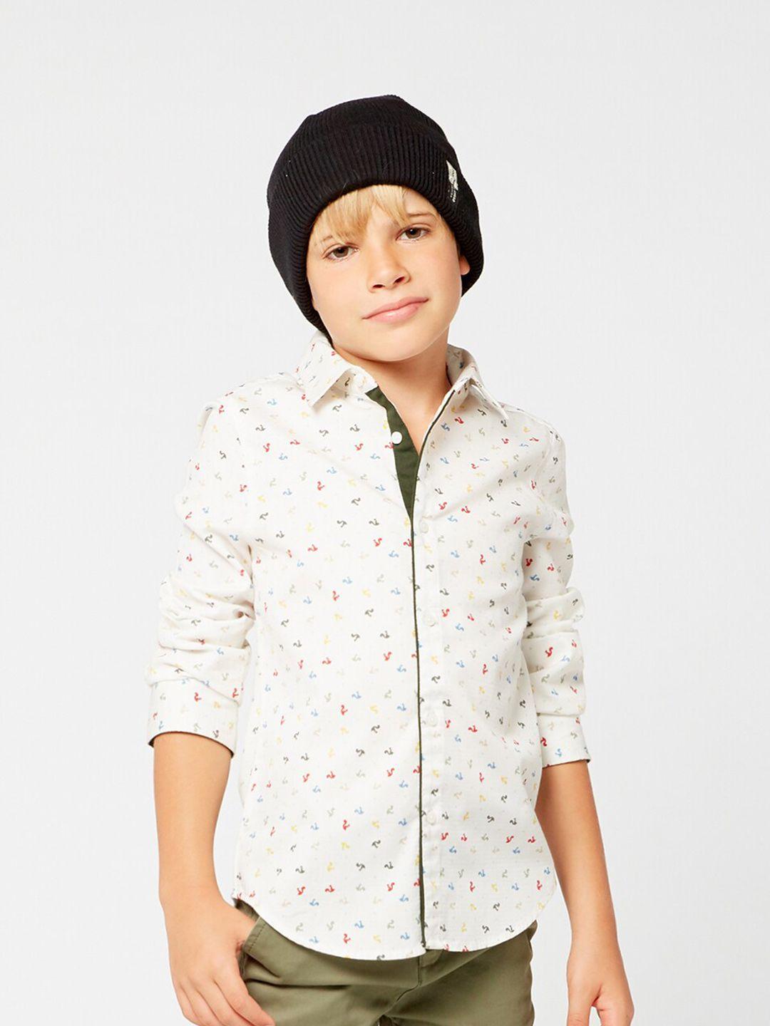one friday boys cream-coloured comfort printed casual cotton shirt
