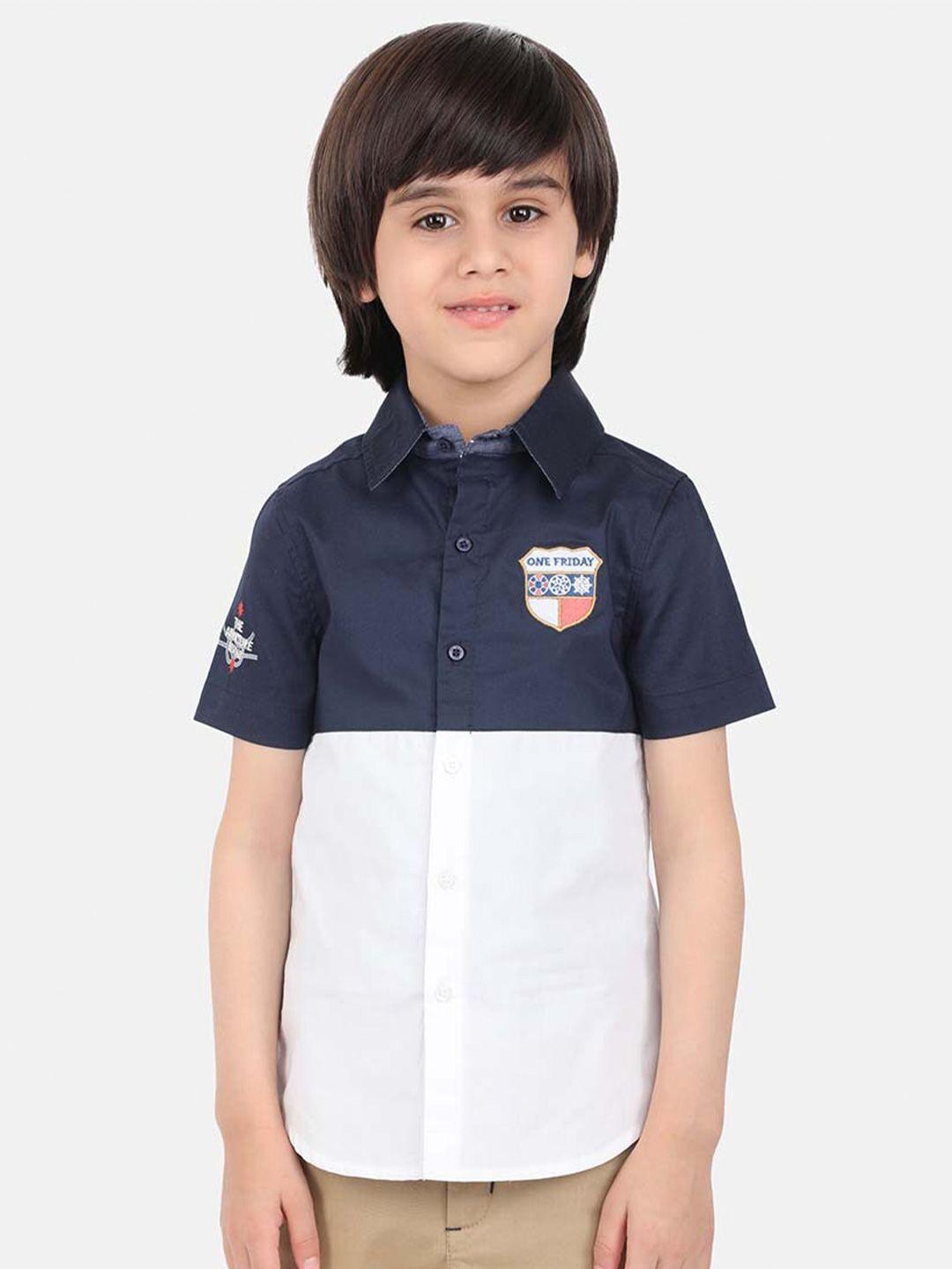 one friday boys navy blue & white comfort colourblocked casual shirt