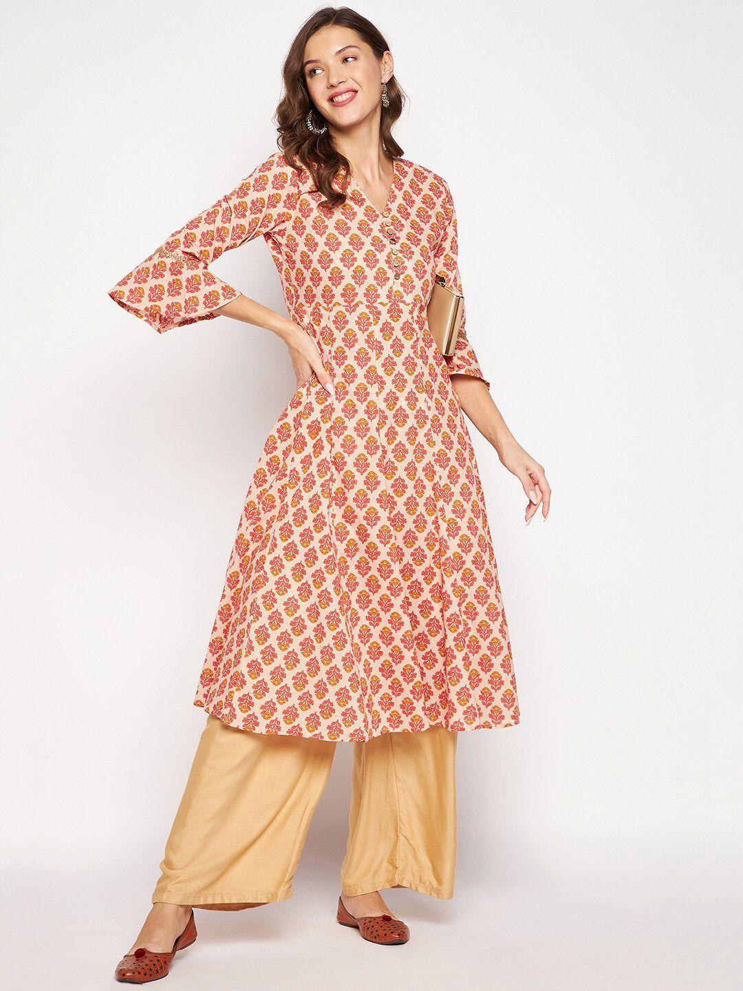 one of a kind women beige & red floral printed bell sleeves floral kurta