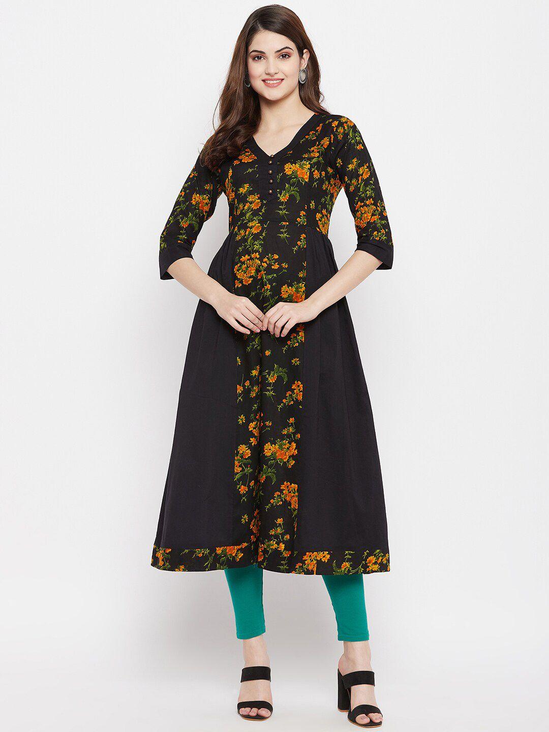 one of a kind women black & green floral printed anarkali kurta