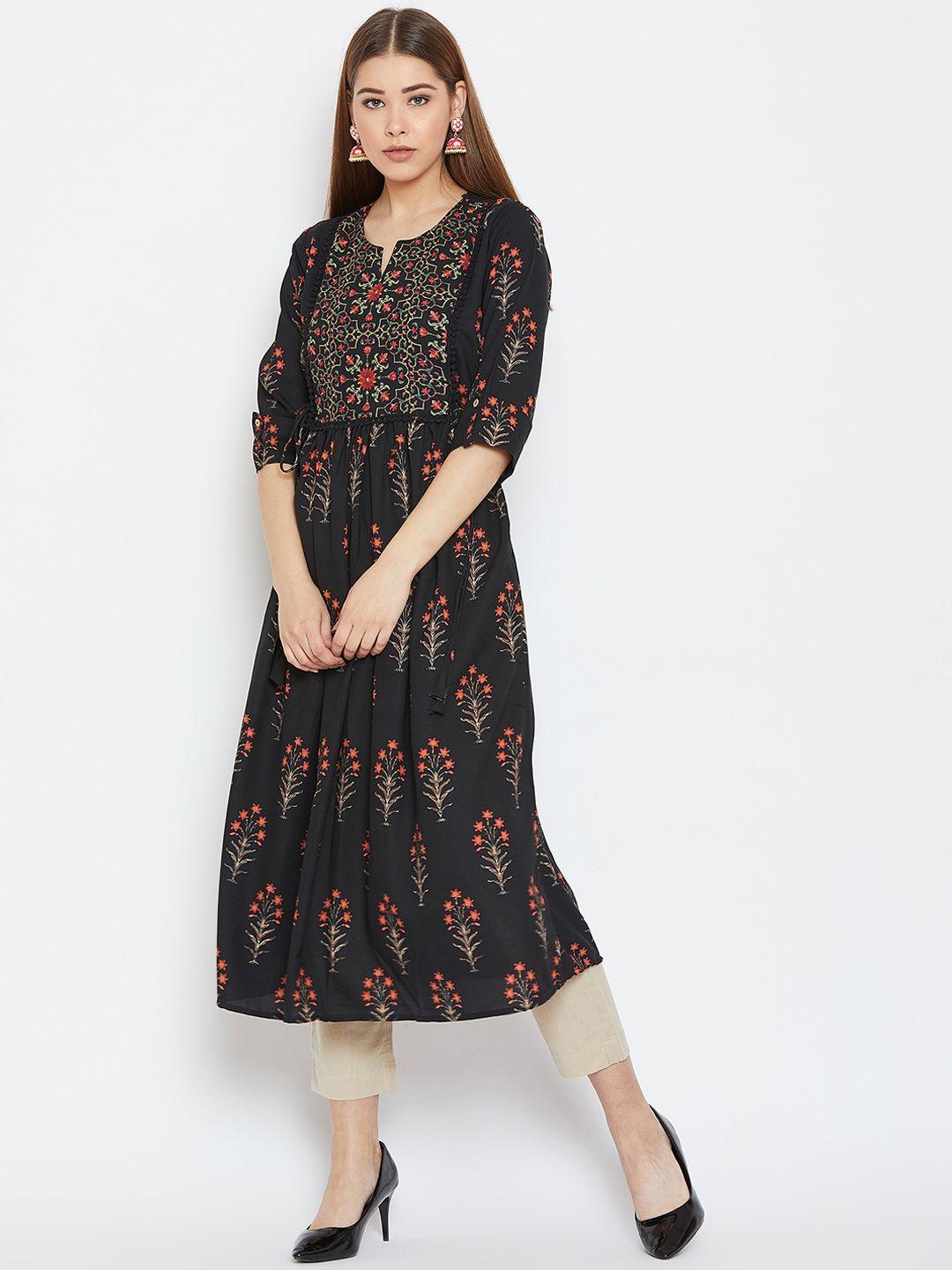 one of a kind women black & red printed calf-length empire kurta