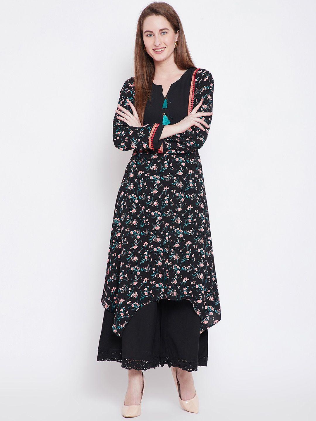 one of a kind women black floral printed crepe a-line kurta