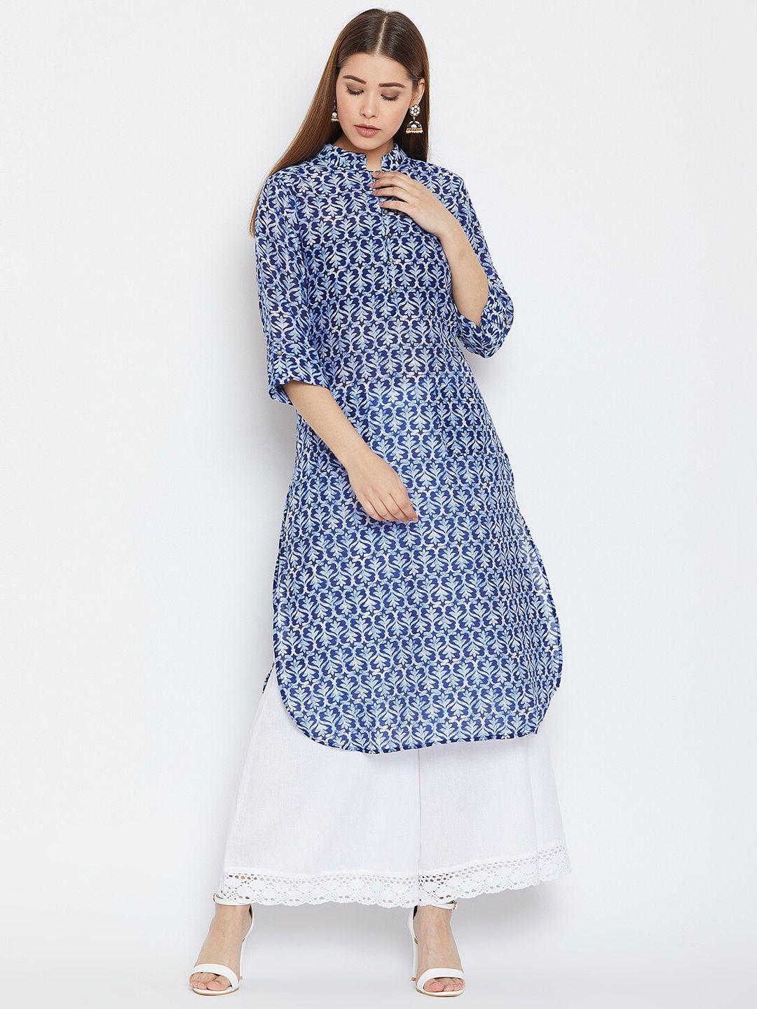 one of a kind women blue & white ethnic motifs printed indigo kurta