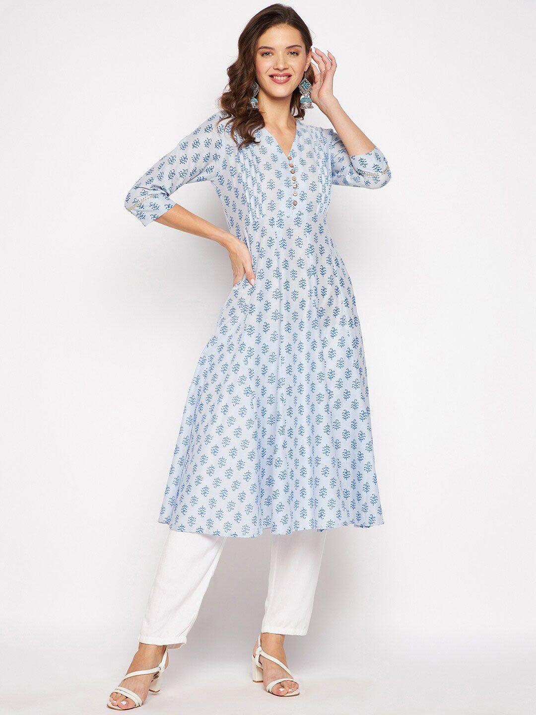 one of a kind women blue & white floral printed floral cotton kurta