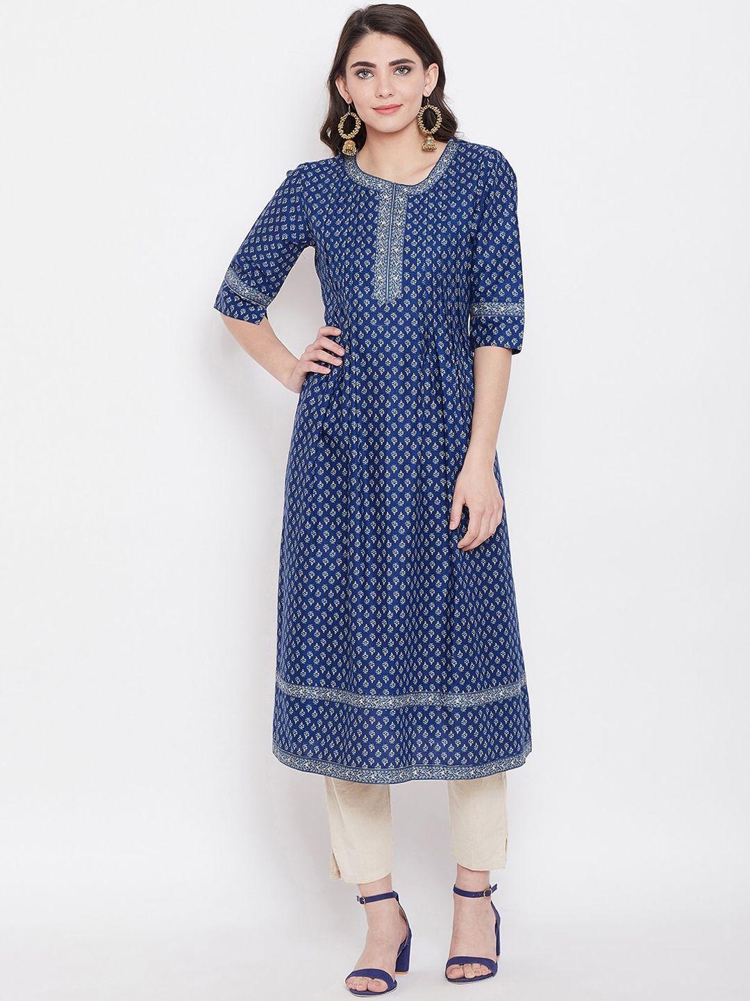 one of a kind women blue ethnic motifs printed block print kurta