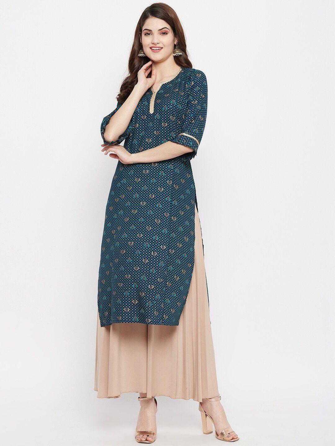 one of a kind women green & gold-toned printed flared sleeves kurta