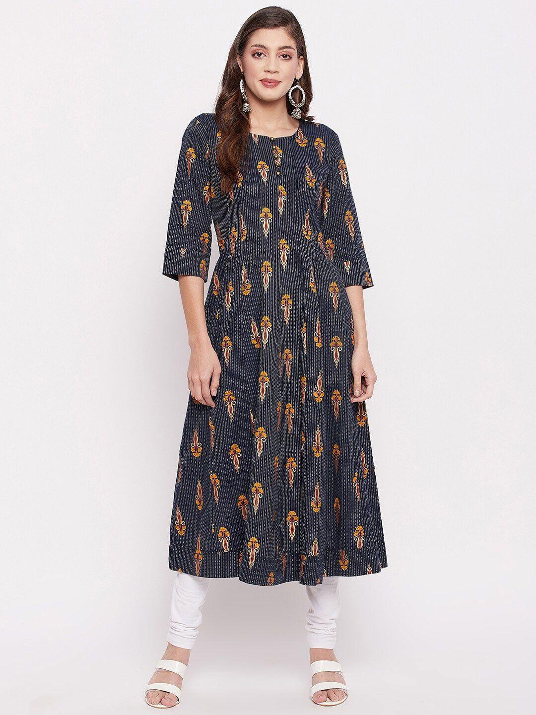 one of a kind women navy blue & yellow ethnic motifs printed anarkali kurta