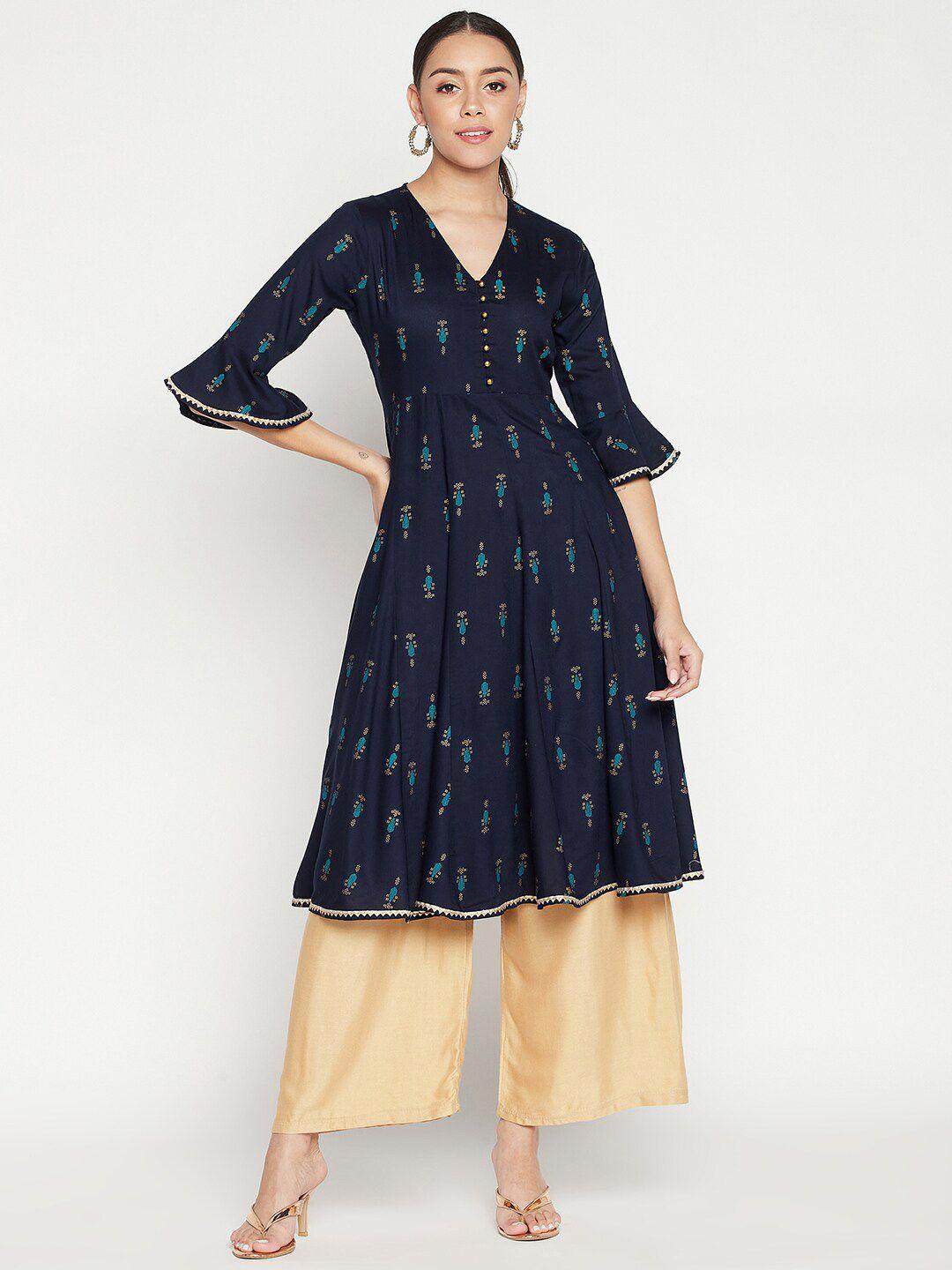 one of a kind women navy blue ethnic motifs printed bell sleeves anarkali kurta