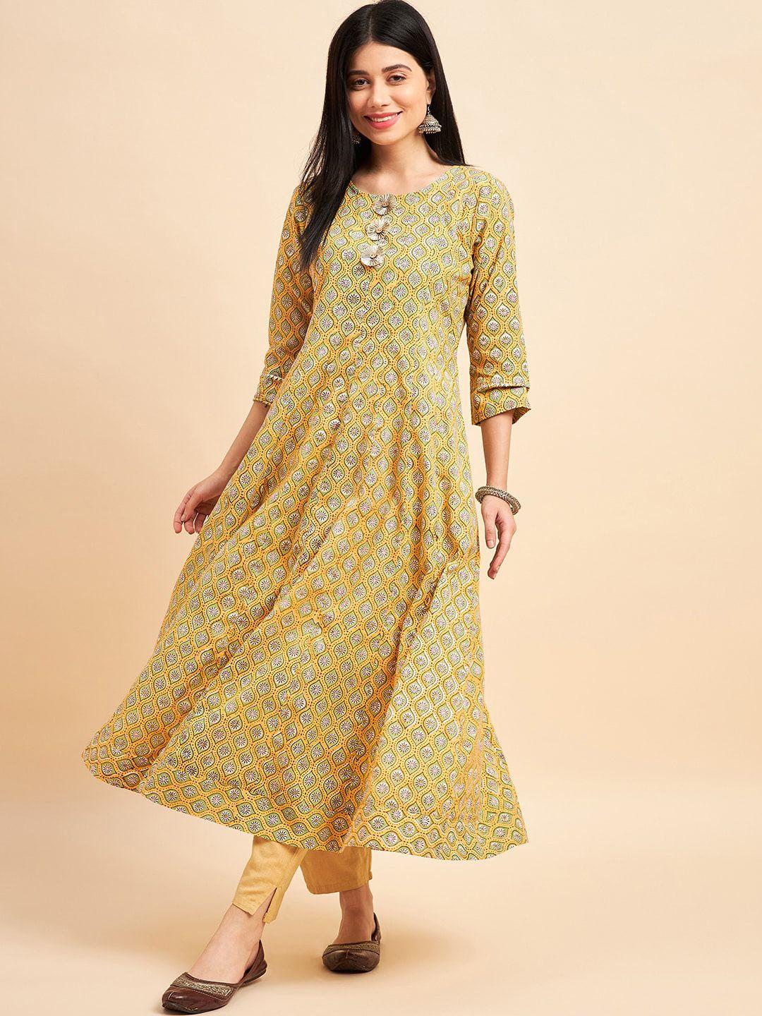 one of a kind women yellow ethnic motifs printed anarkali kurta