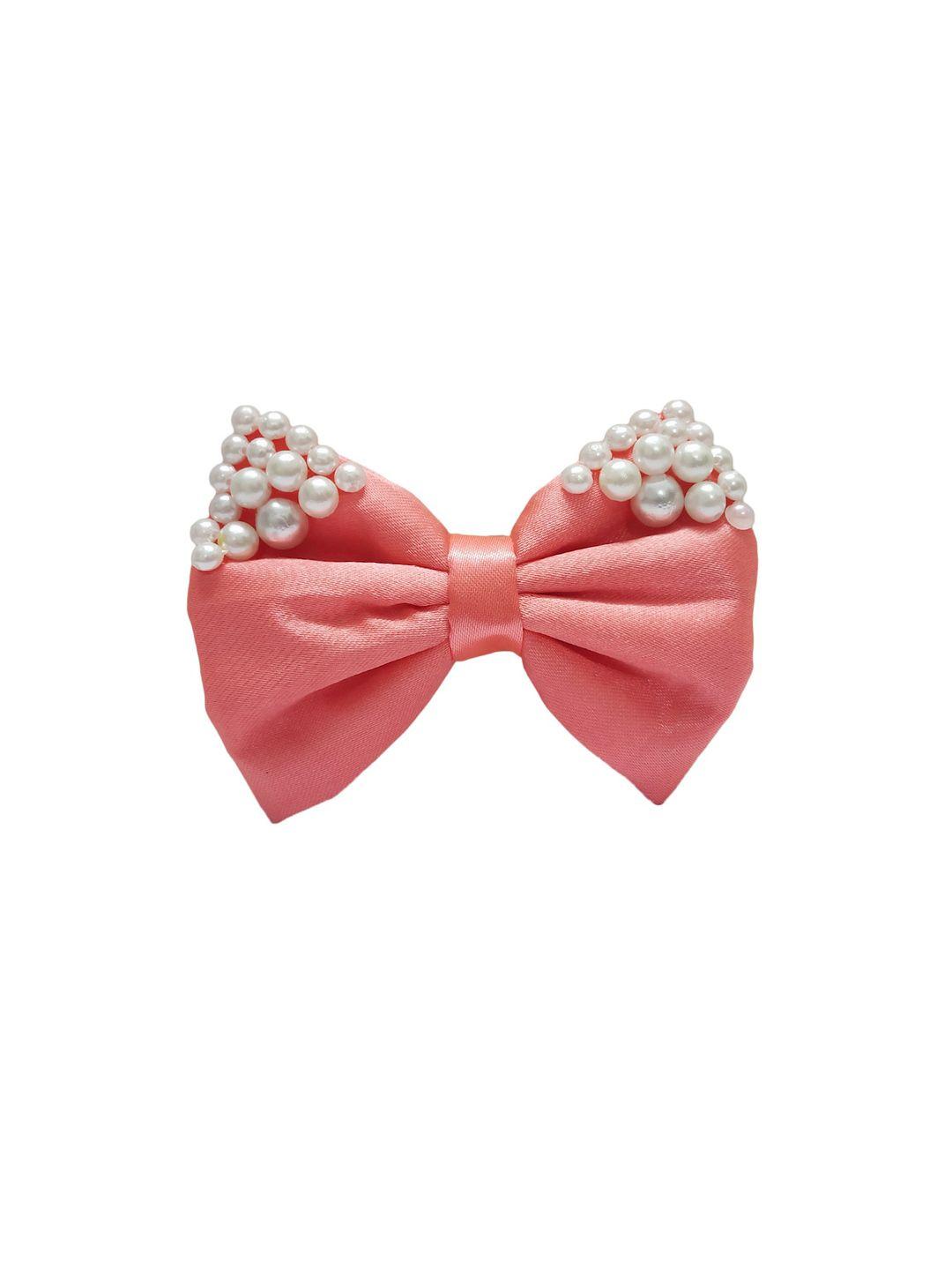 one on one women peach-coloured & white pearl embellished bow hair clip