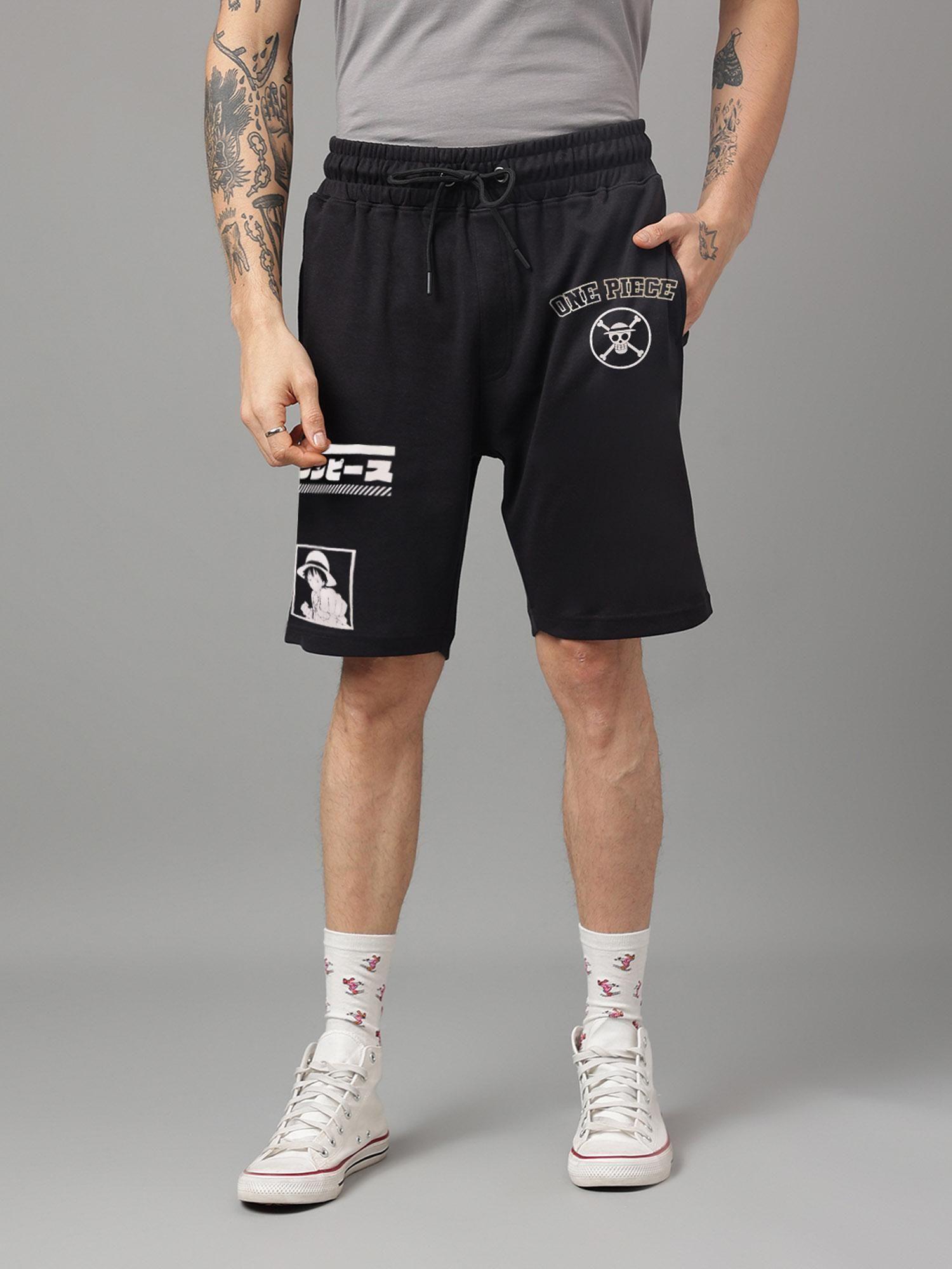 one piece printed regular fit black cotton blend men shorts