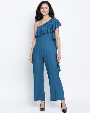 one-shoulder jumpsuit with ruffle overlay
