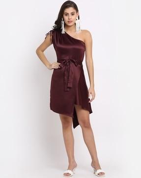 one-shoulder a-line dress with waist tie-up