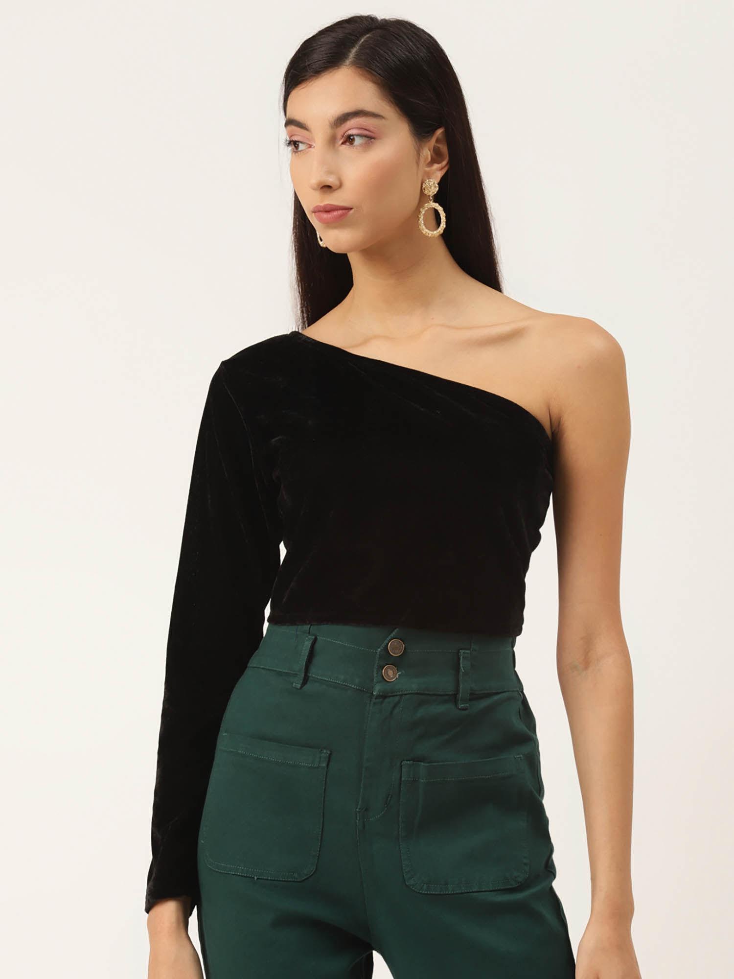 one shoulder black velvet crop top