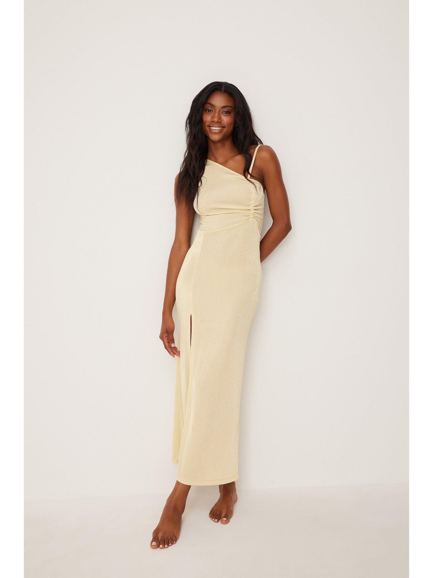 one shoulder drawstring jersey dress-beige