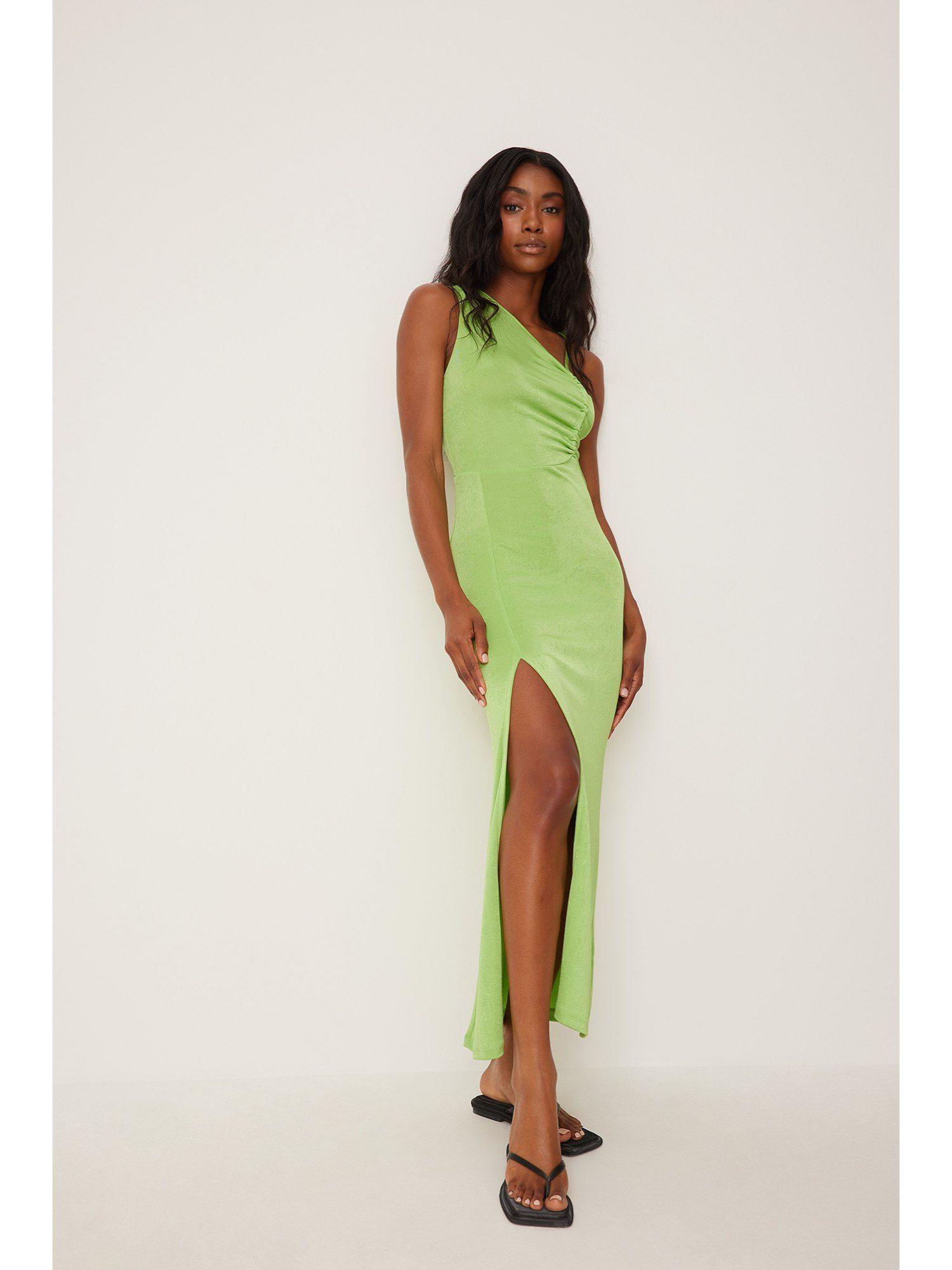 one shoulder drawstring jersey dress-bright green