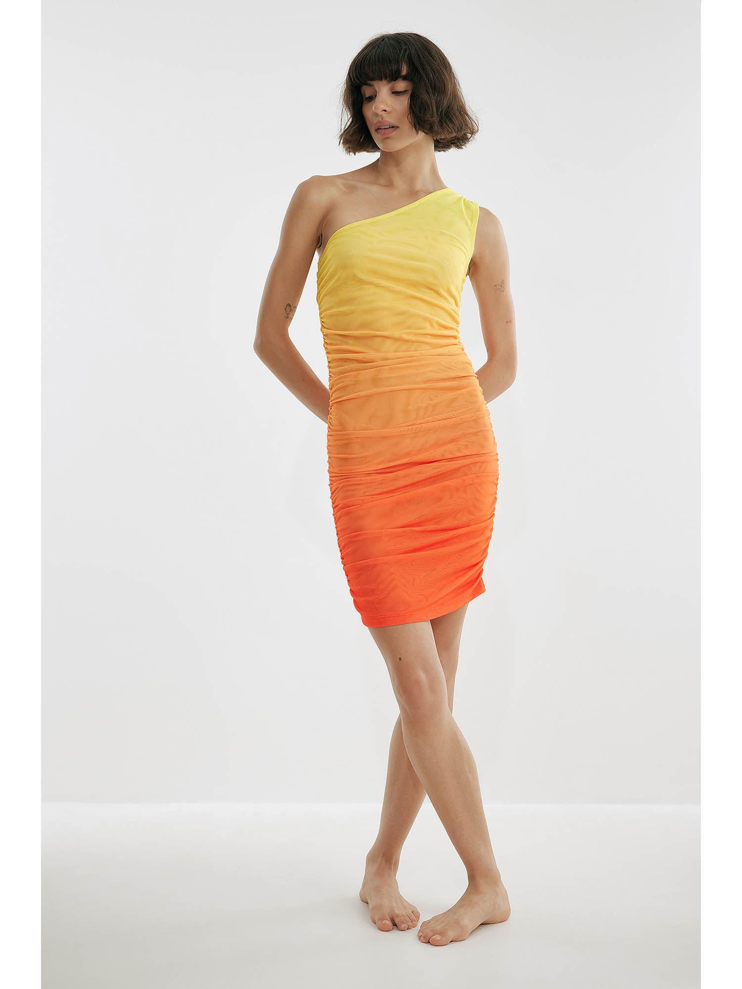 one shoulder mini mesh dress - yellow ombre