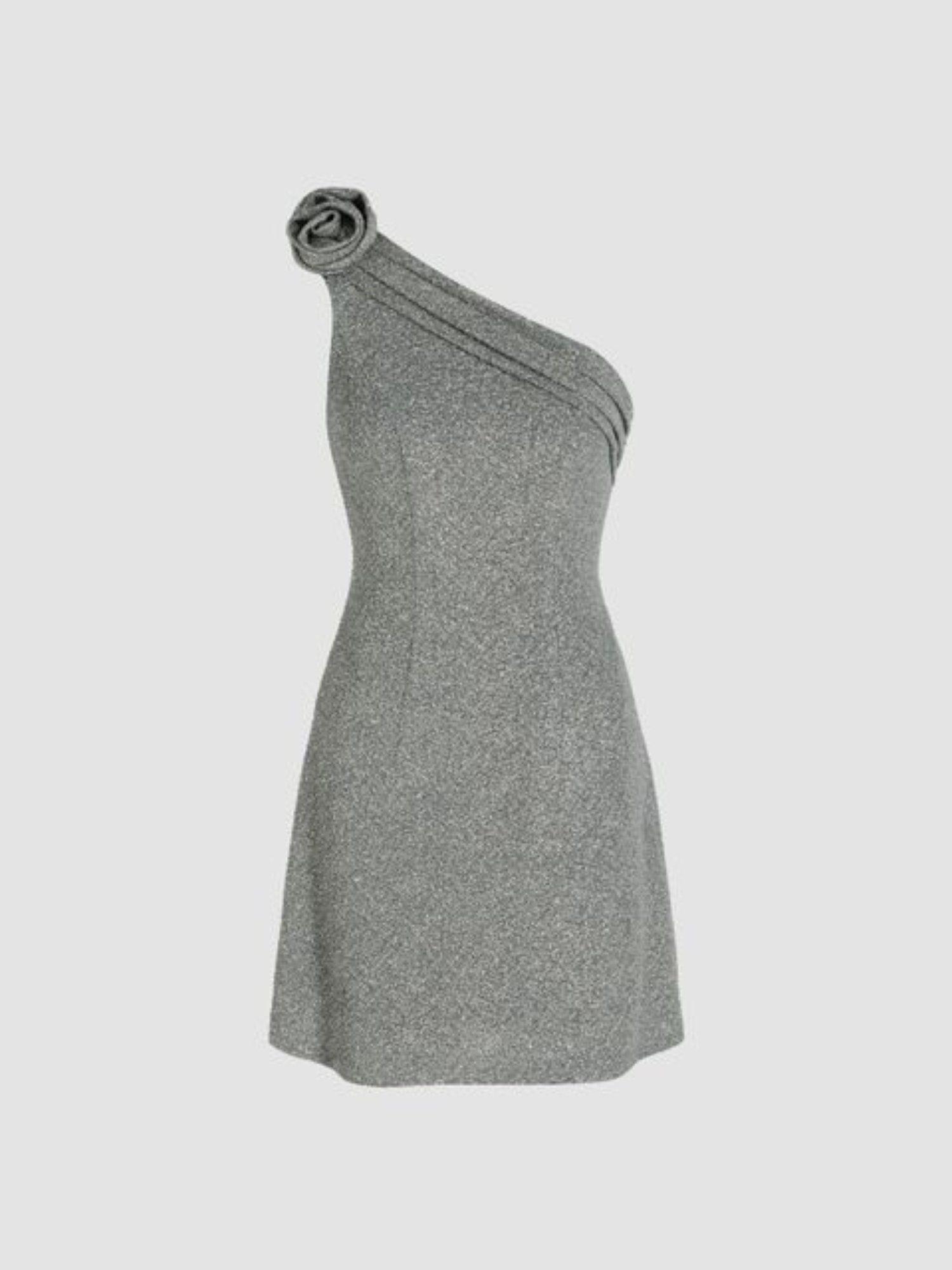 one shoulder neck rosette mini dress