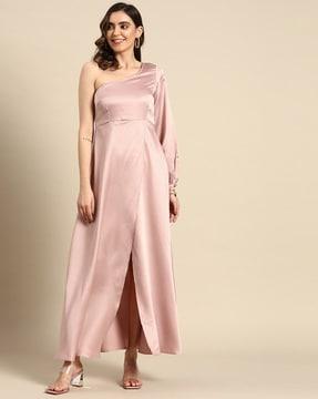 one-shoulder overlap gown dress with front-slit