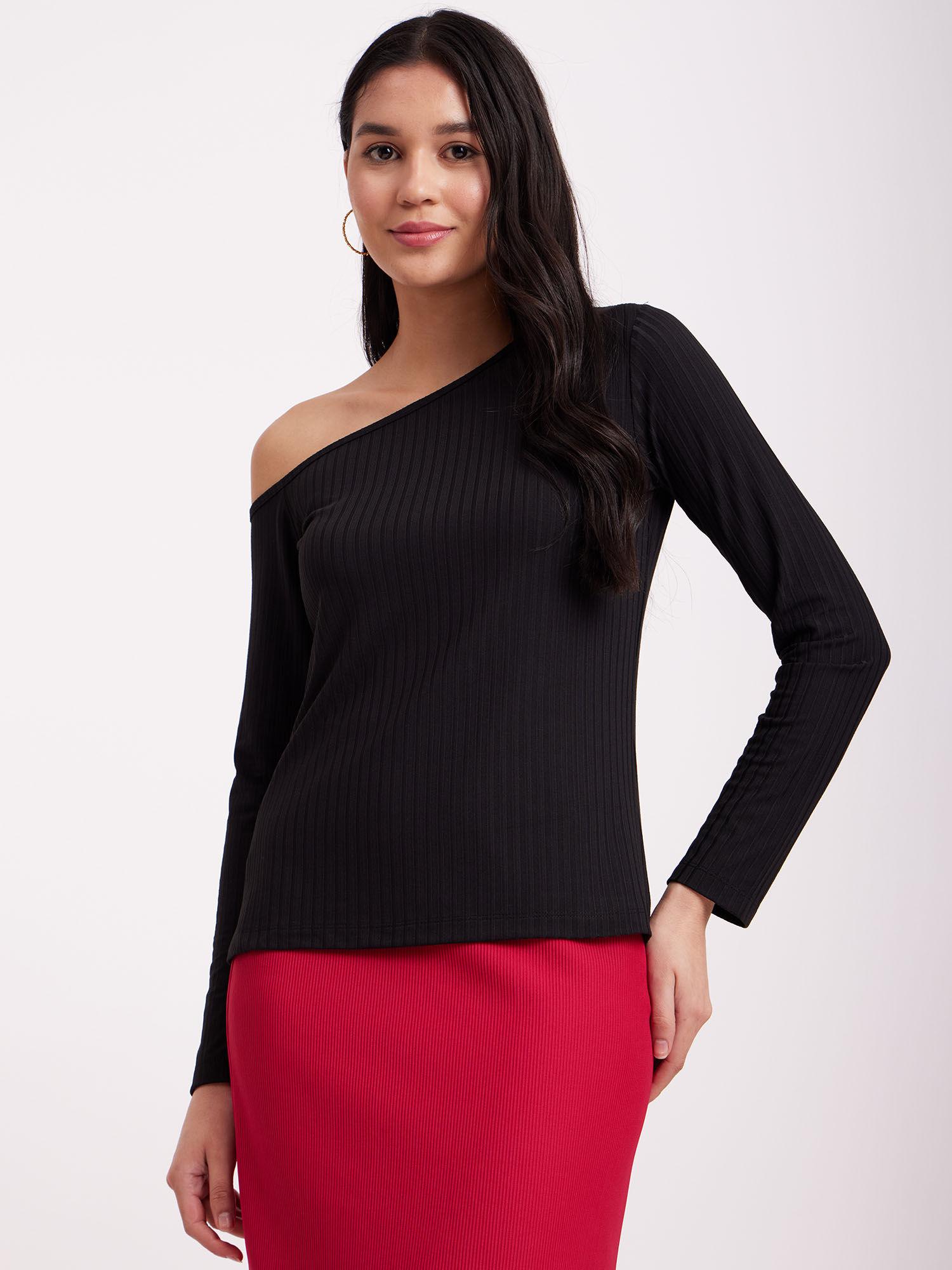 one-shoulder rib knit top - black