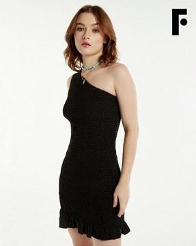 one-shoulder smocked bodycon dress