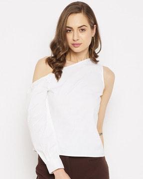 one shoulder top cuffed sleeves