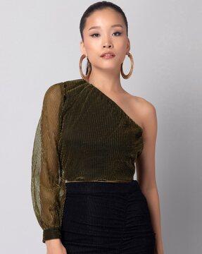 one-shoulder top with a-line skirt