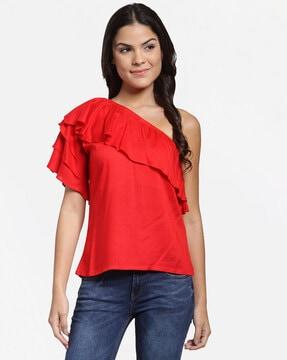 one-shoulder top with flared sleeves