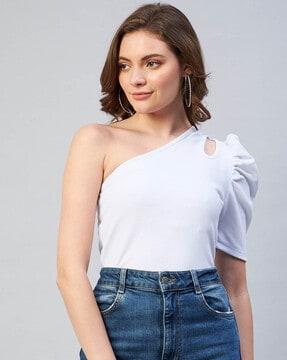 one-shoulder top with puff sleeve