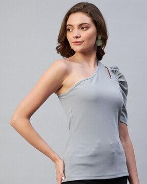 one-shoulder top with puff sleeves