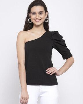 one-shoulder top with puff sleeves