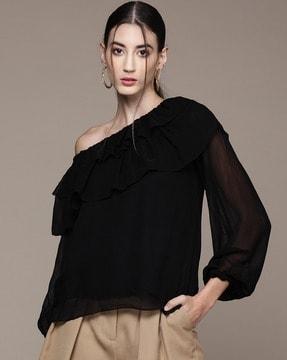 one-shoulder top with ruffled neckline