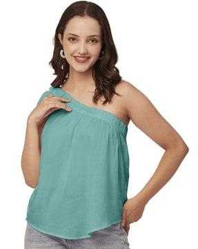 one-shoulder top with tie-up & asymmetric hem