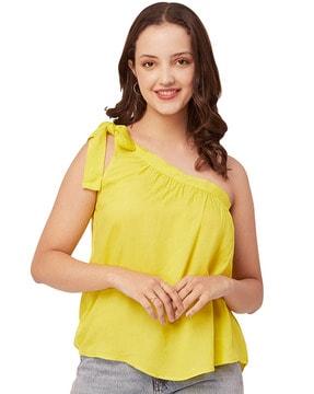 one-shoulder top with tie-up & asymmetric hem